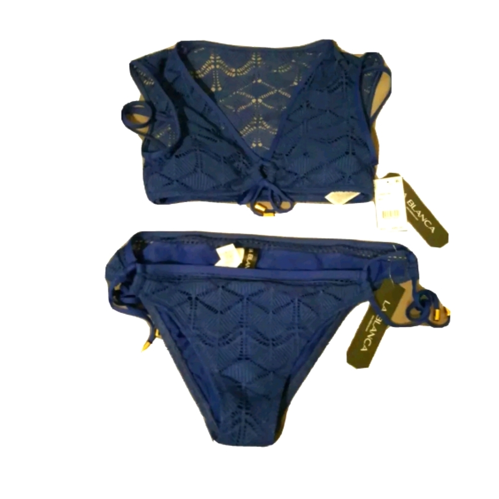 NWT La Blanca Blue Crochet Power Cap Sleeve Bikini